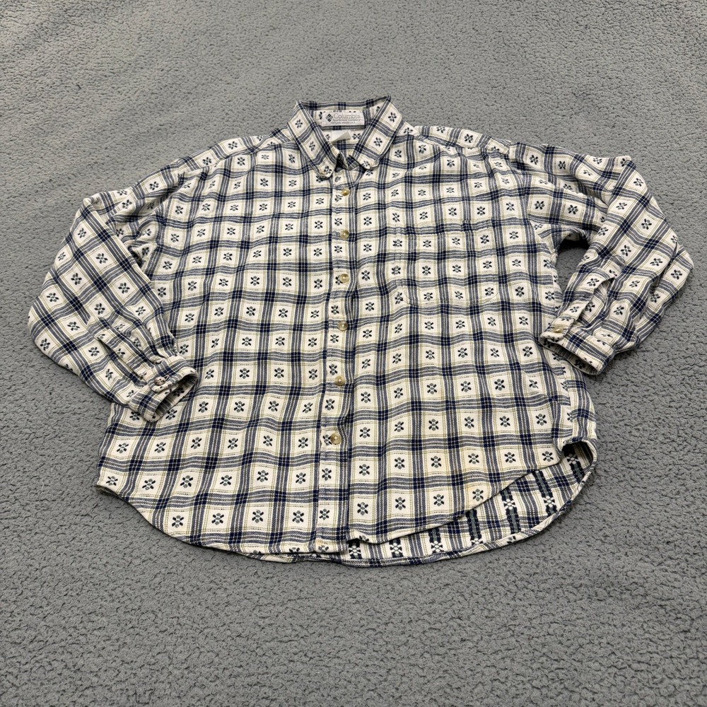 Columbia Flannel Shirt Womens Large Plaid Cottage Button Up Cream Blue